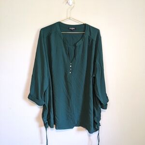 Roz & Ali Emerald Green Long Sleeve V-Neck Blouse, size 3X